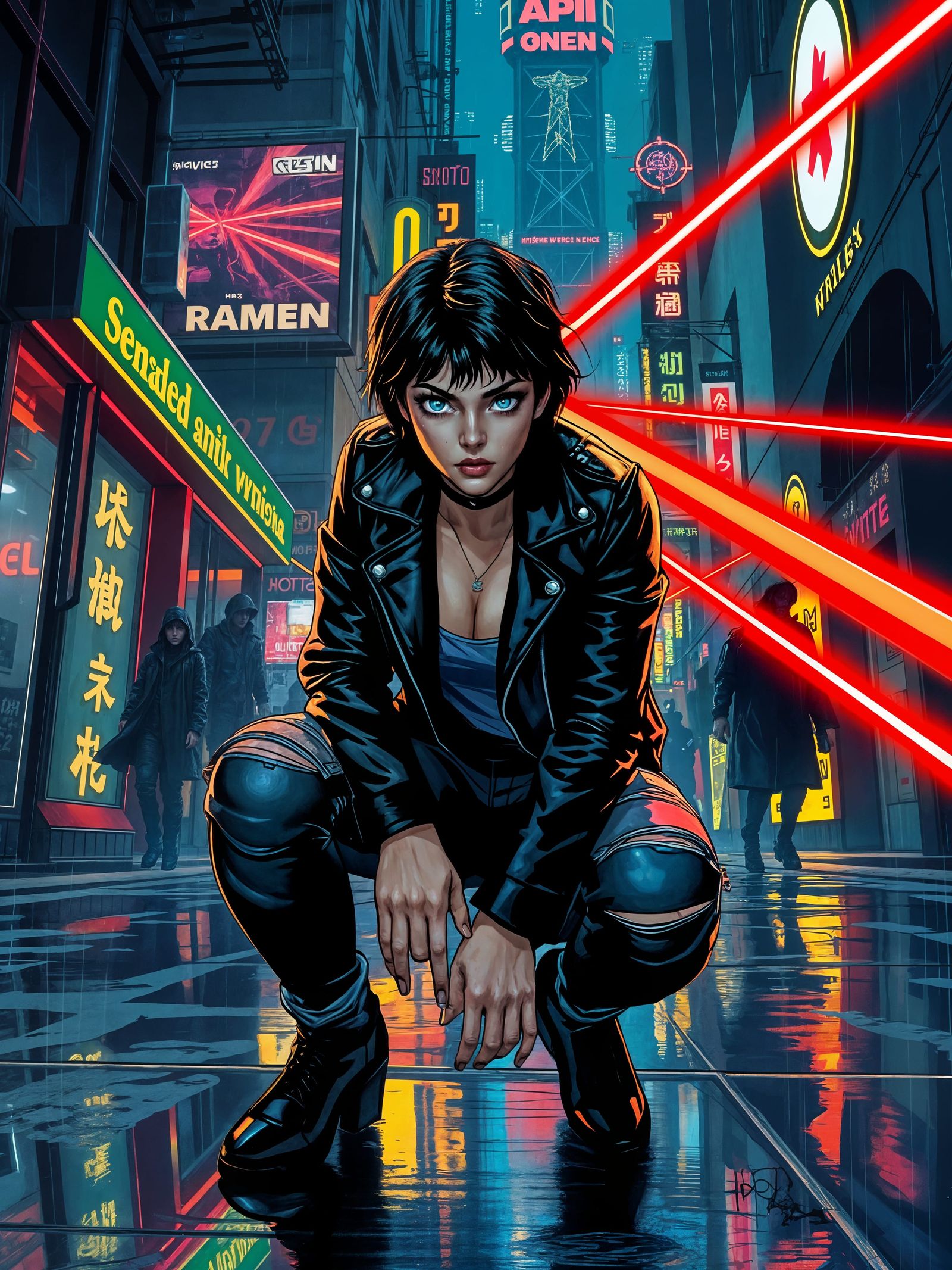 Cyberpunk Vigilante in Rain-Soaked Alley Comic Art