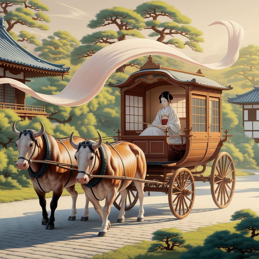 Traditional Japanese Heian Carriage Ride in Serene Landscape