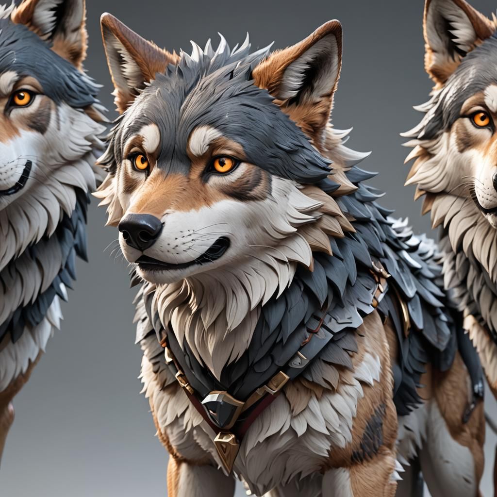 Detailed 3D Cartoon Wolf Character in Anime Style