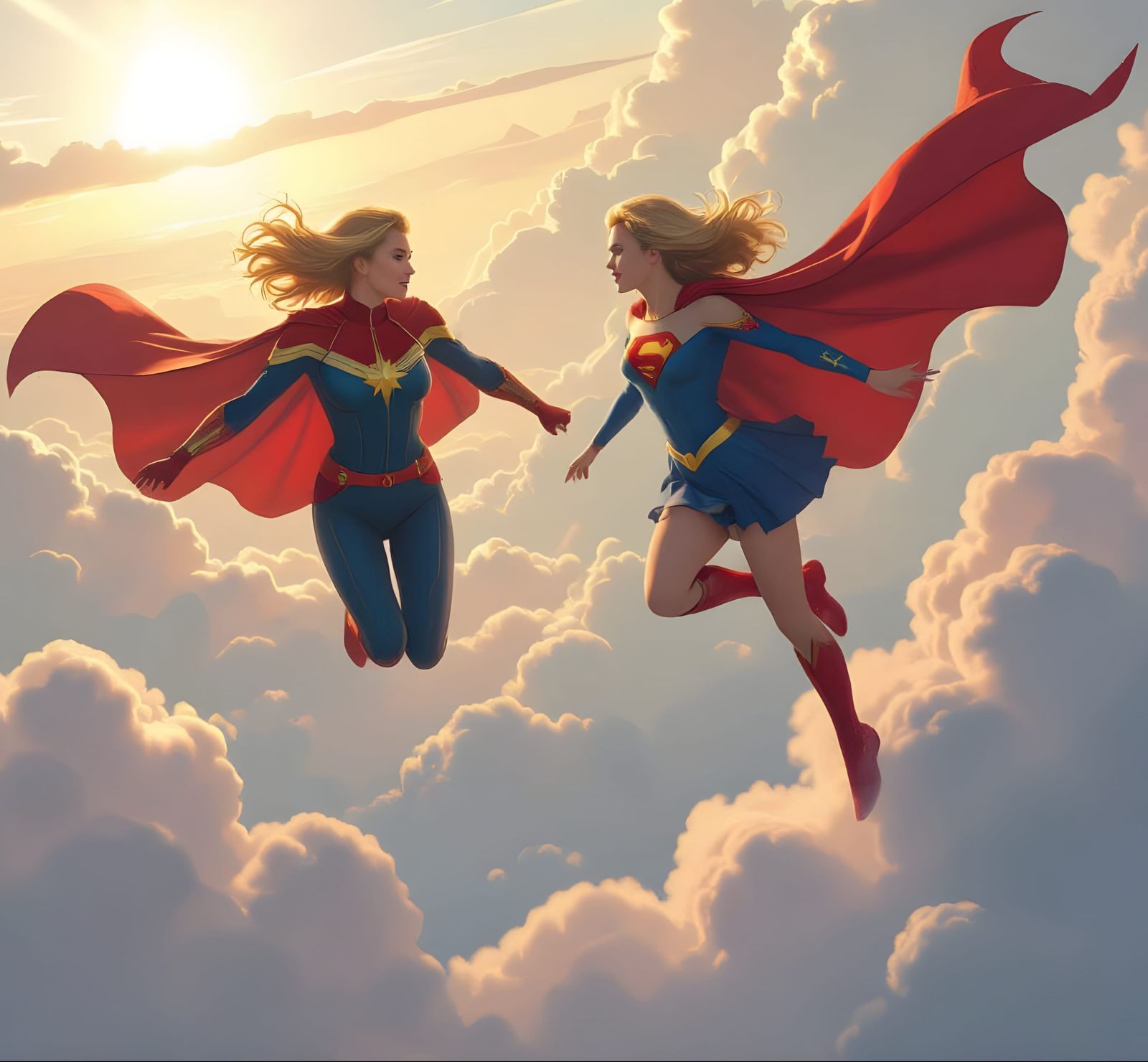 Captain Marvel and Supergirl Flying in Clouds