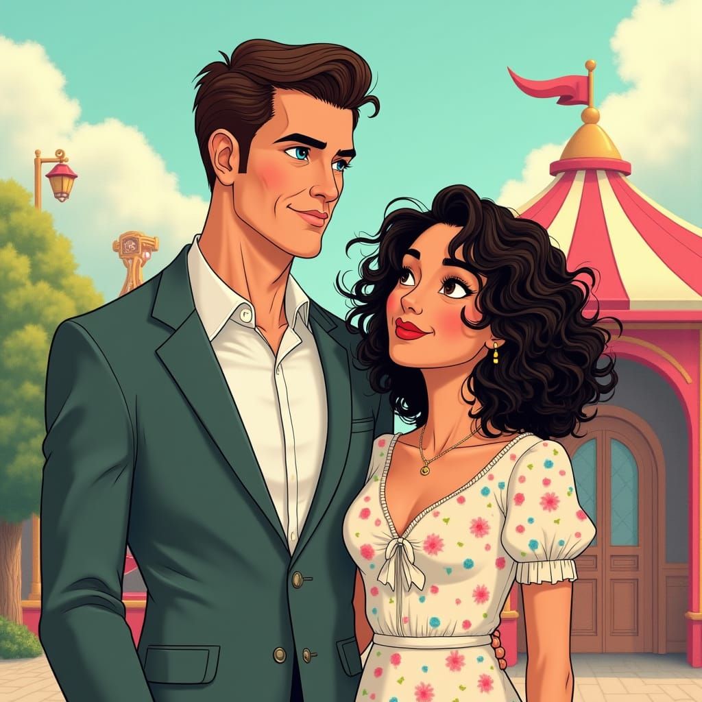 Whimsical Couple at Amusement Park in Cartoon Style