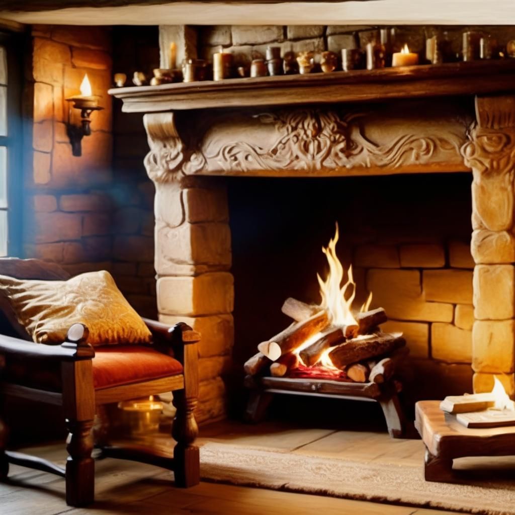 Whimsical Medieval Den Scene with Cozy Fireplace