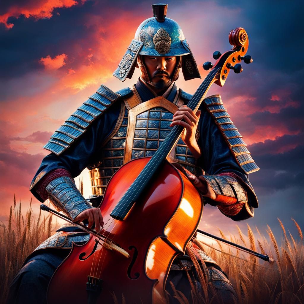 Armored Samurai Plays Cello in Japan: Hyperrealistic Art