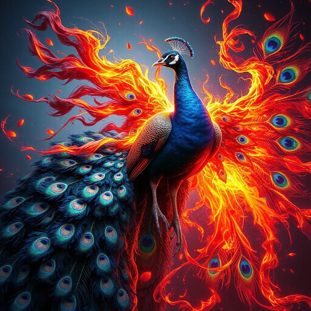 Majestic Phoenix Peacock with Iridescent Feathers Ablaze