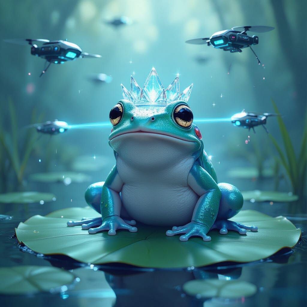 Luminous Frog in Synthetic Swamp with Drones