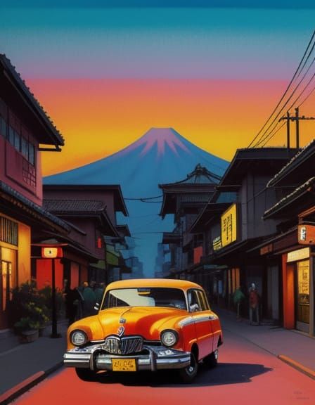 Retro Car in Oriental Town as Oil Painting