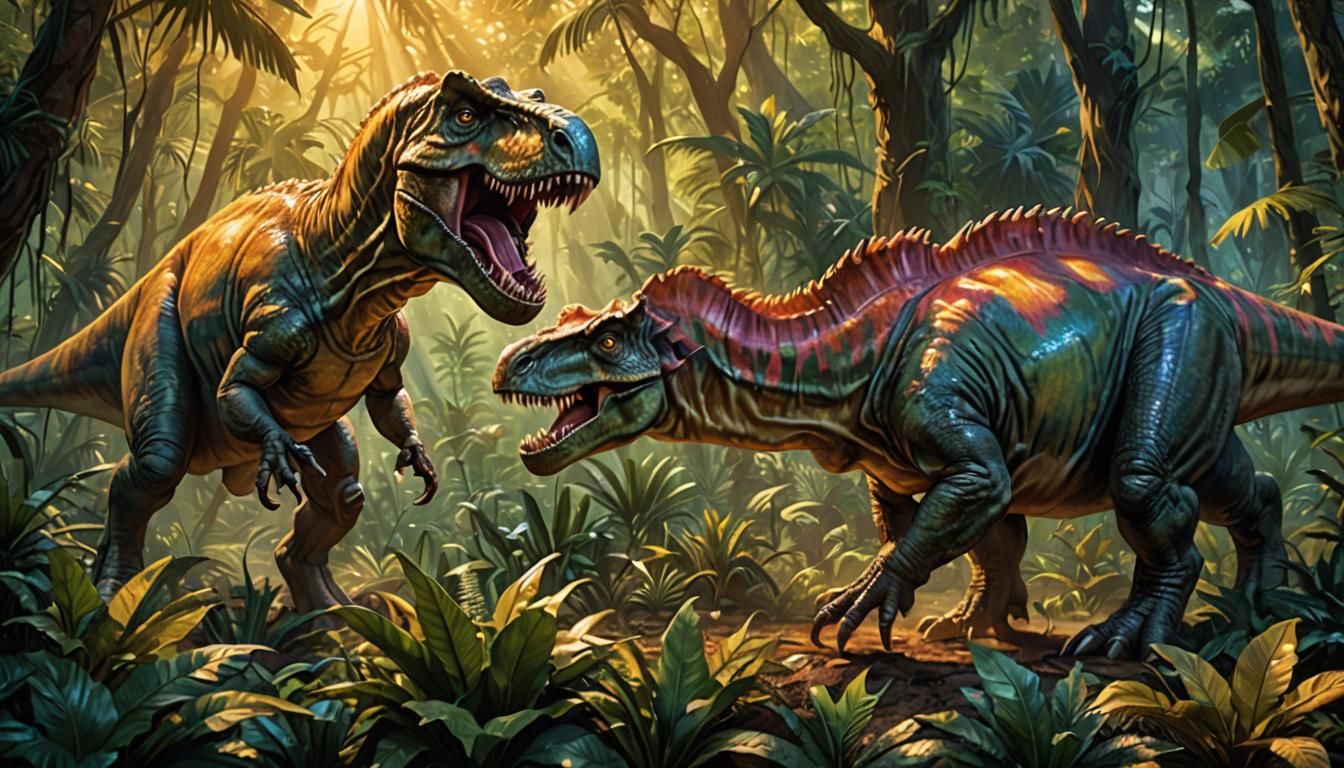 T-Rex and Triceratops Battle: Airbrush Illustration