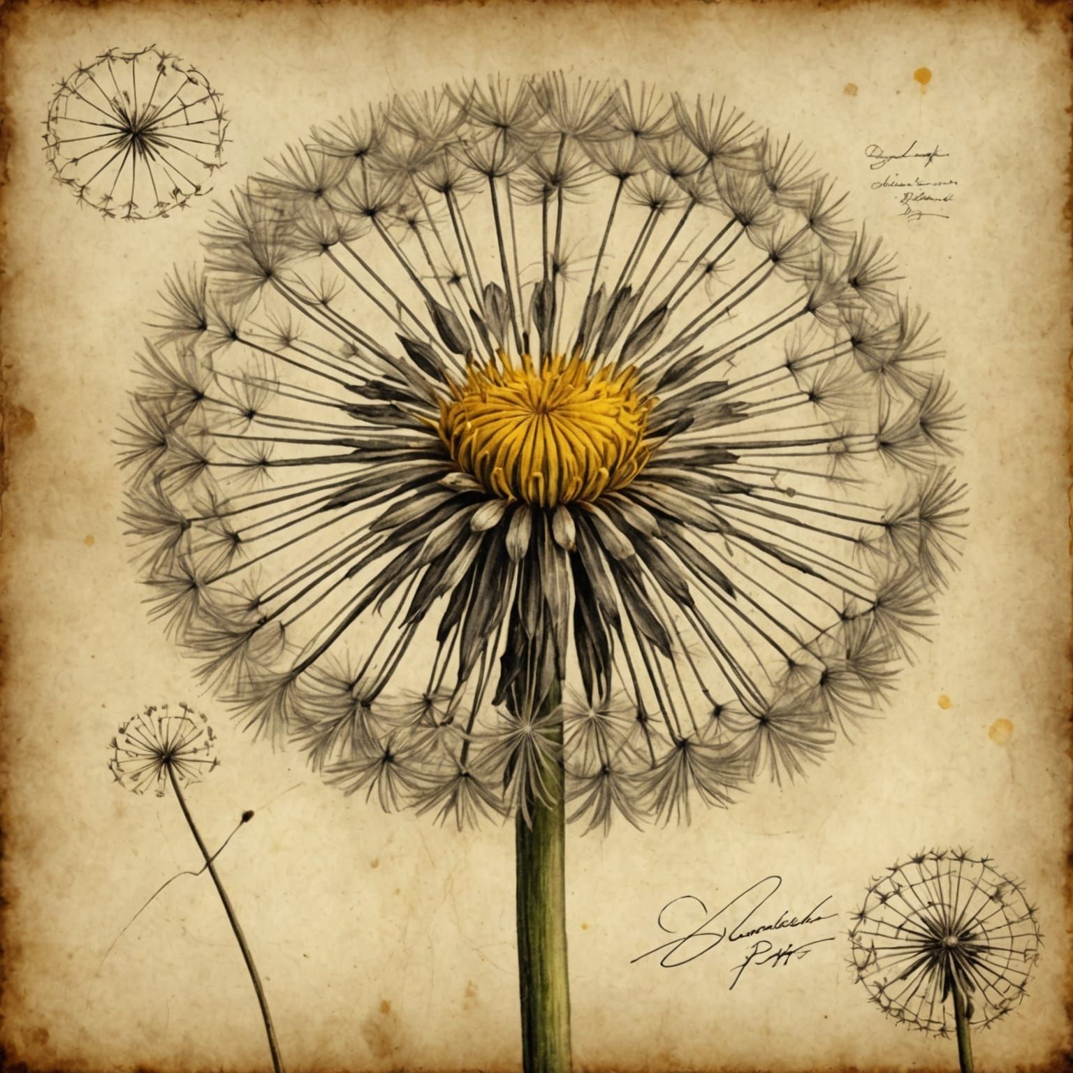 Dandelion Drawing on Parchment in Da Vinci Style