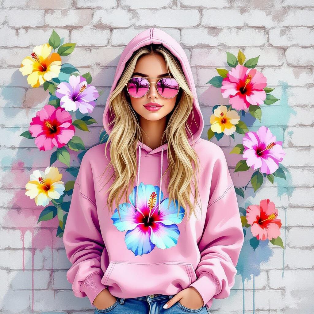 Whimsical Woman with Pink Sunglasses in Watercolor Style