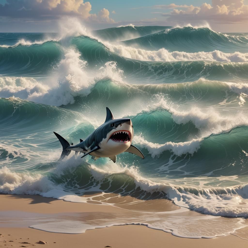 Shark on Beach in Pixar-Style 3D Rendering