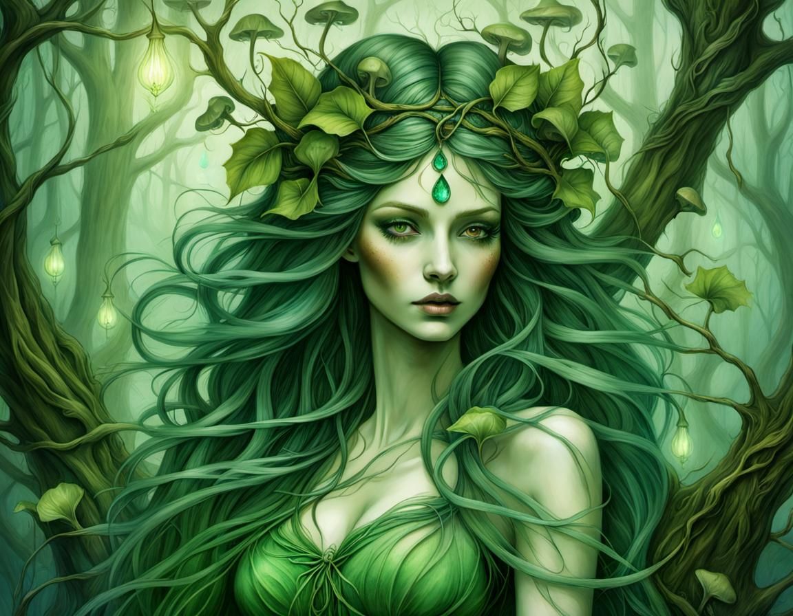 Mystical Green Dryad Portrait in Ethereal Forest