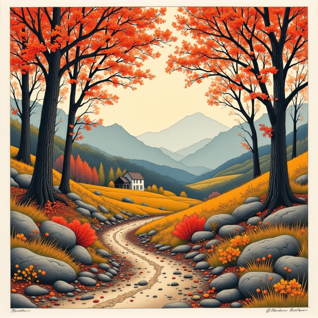 Autumn Landscape in Hand-Colored Linoprint Style