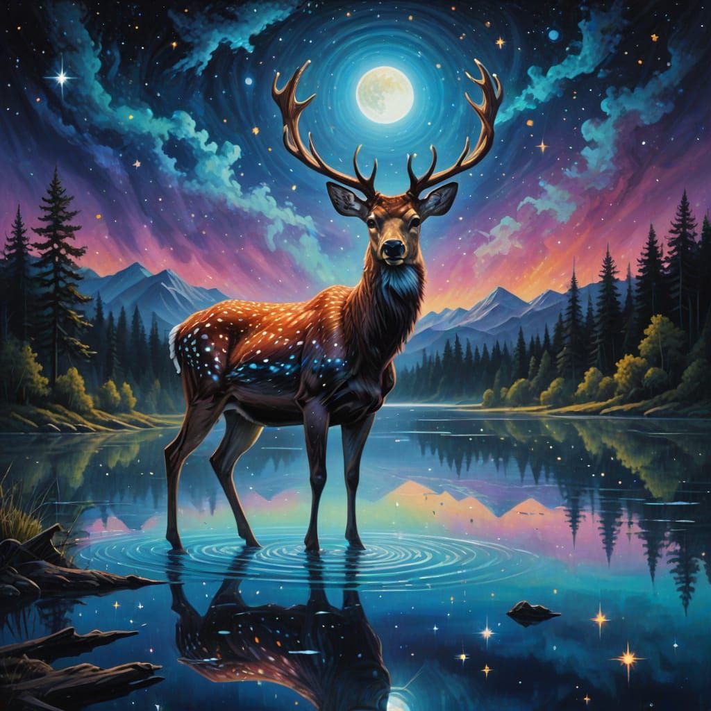 Glowing Deer in Moonlit Lake: Surreal Oil Painting