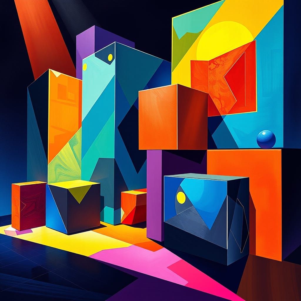 Abstract Cubism with Dynamic Lighting and Bold Colors