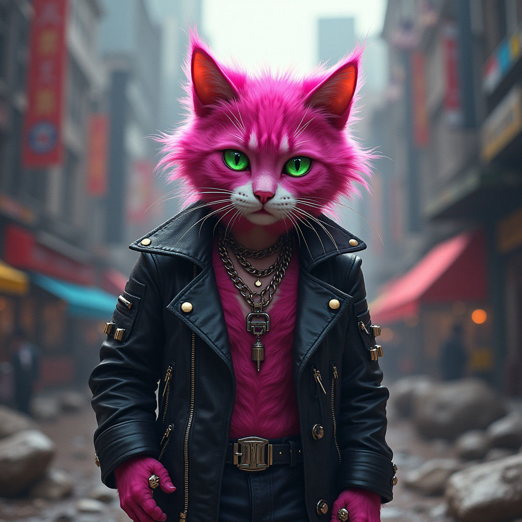 Punk Rock Cat with Pink Fur in Dystopian Cityscape