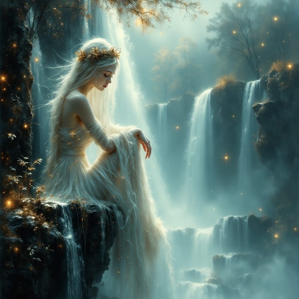 Ethereal Woman at Mystical Waterfall in Hyperrealism