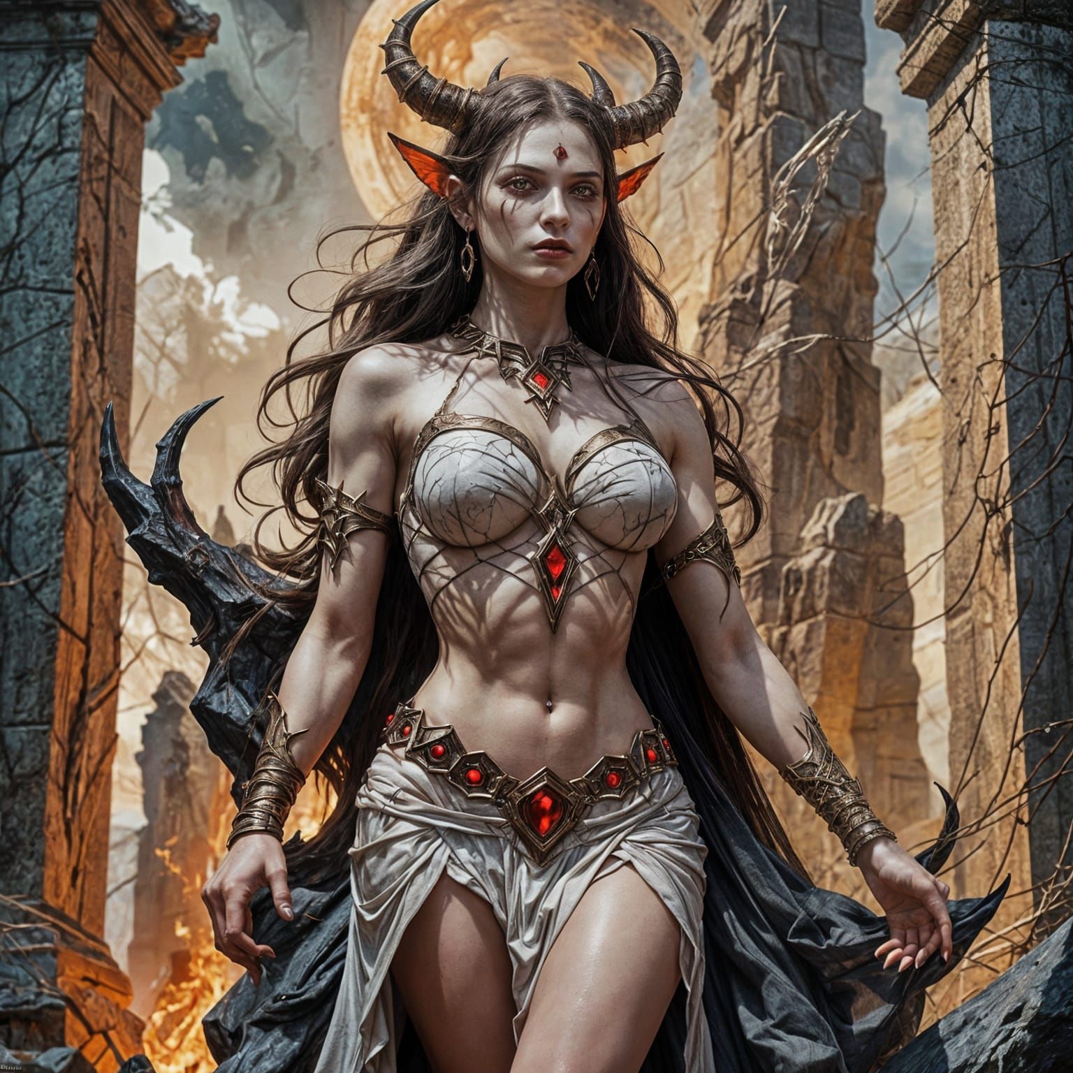 Realistic Pale Demoness with Detailed Background