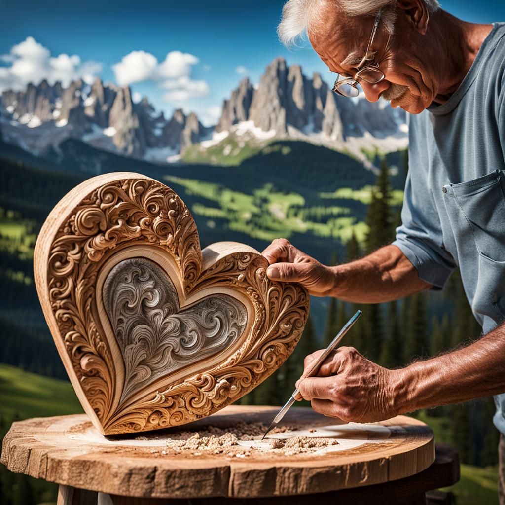 Woodcarver Creates Glistening Heart in Mountain Landscape