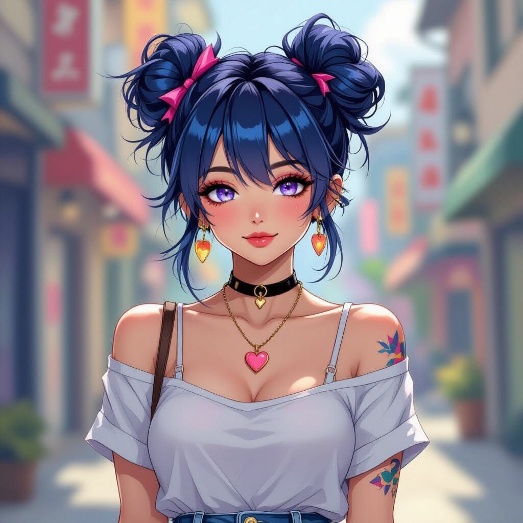 Anime High Schooler with Neon Hair and Piercings