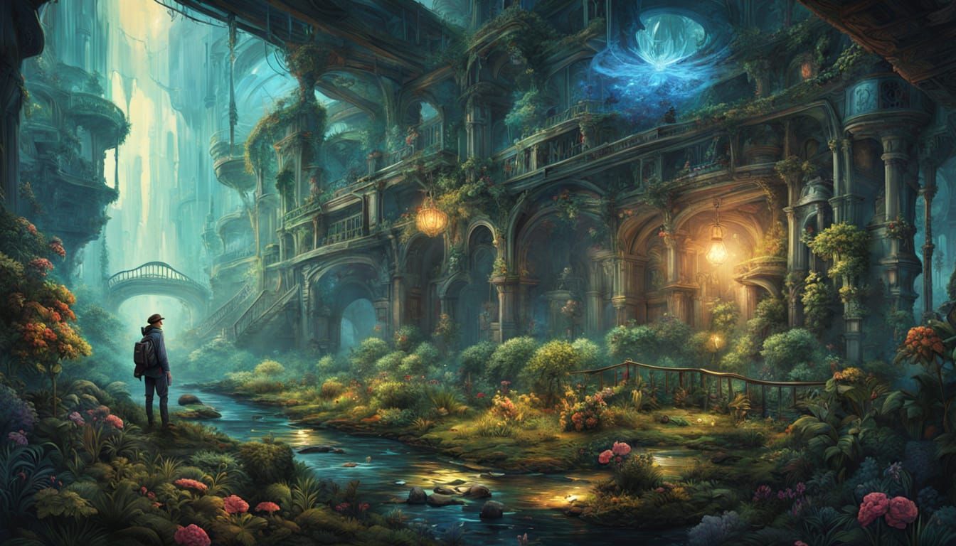 Surreal Steampunk Garden in Cosmic Ruins