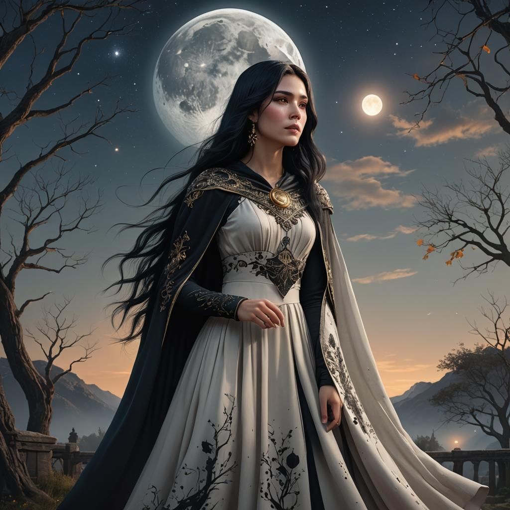 Woman Gazing at Moon: Fantasy Concept Art