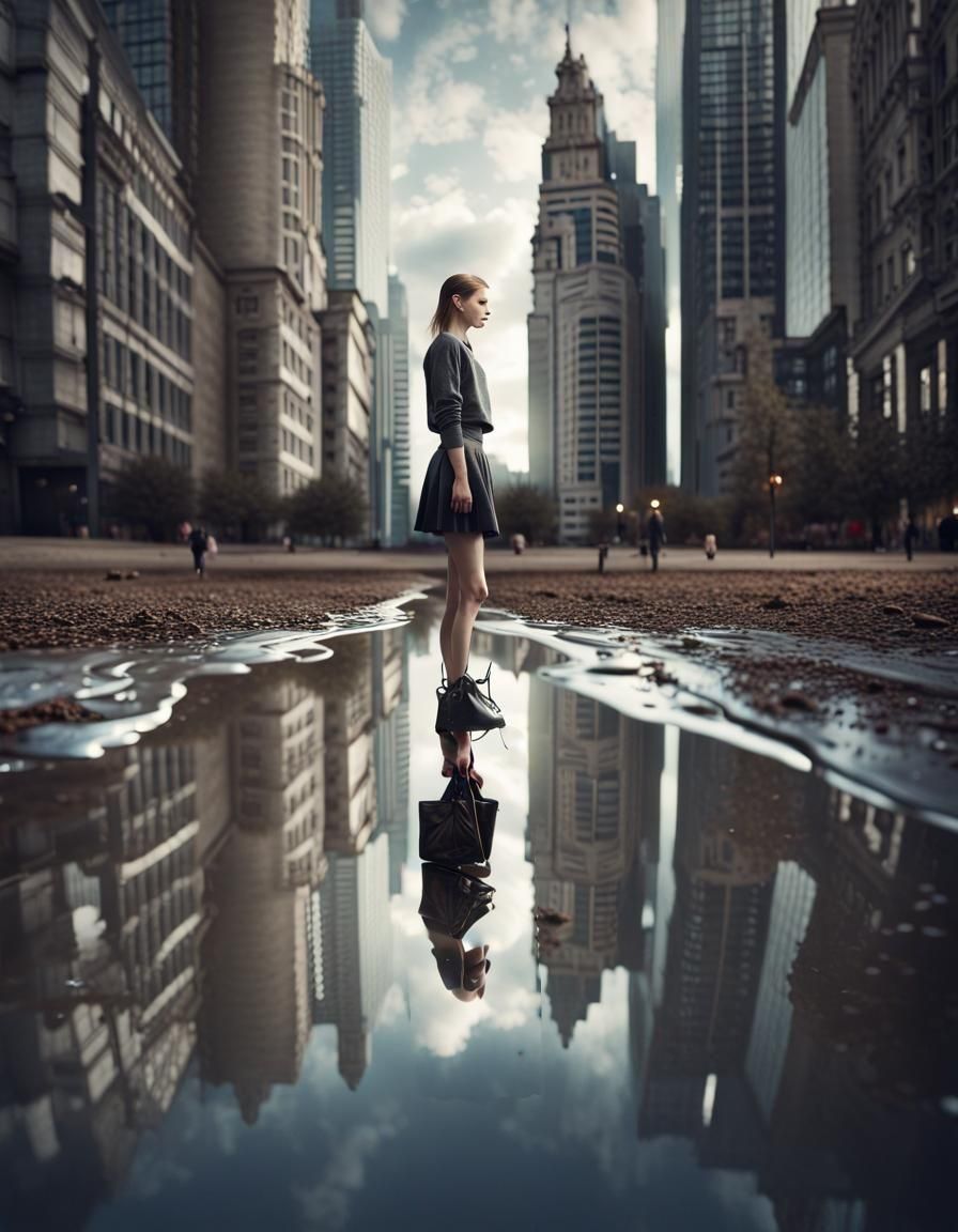 Woman's Reflection in Puddle: Hyperrealistic Cinematic Image