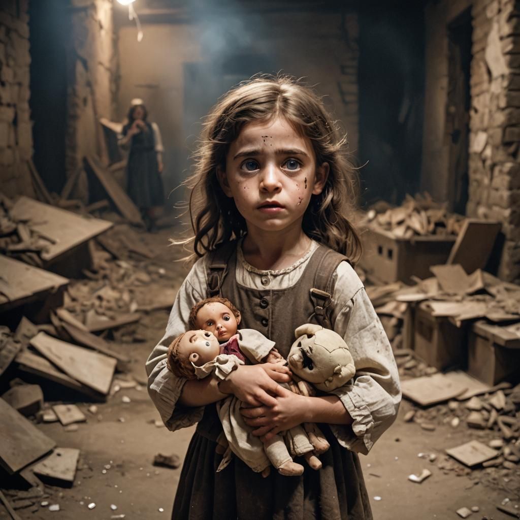 Distressed Girl with Doll in Ruined Basement