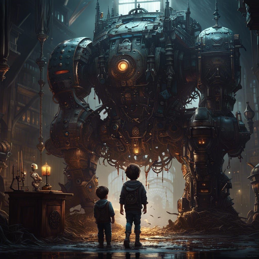 Boy and Robot in Dark Fantasy Style