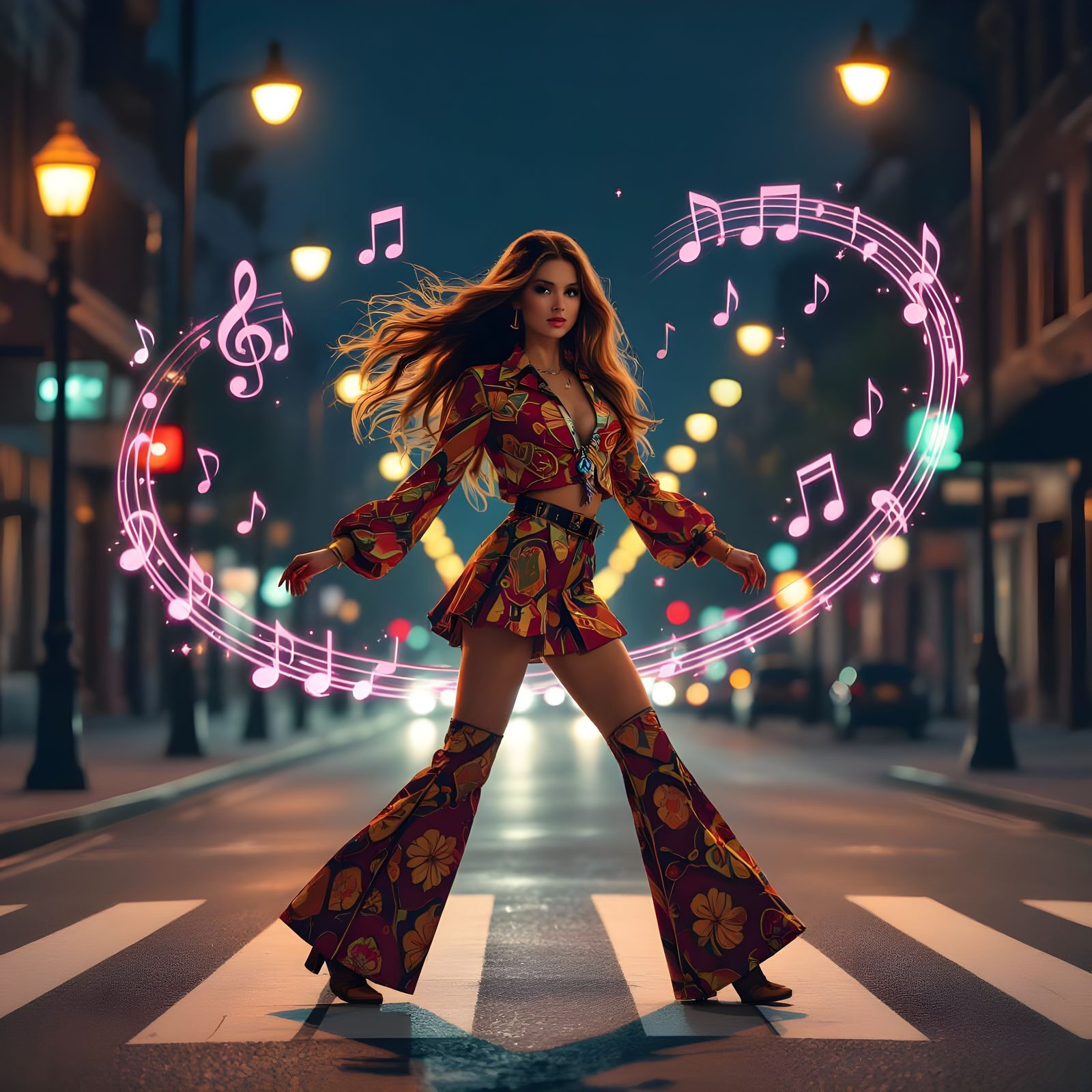 Girl Dancing in 70s Outfit, Hyperrealistic Matte Painting