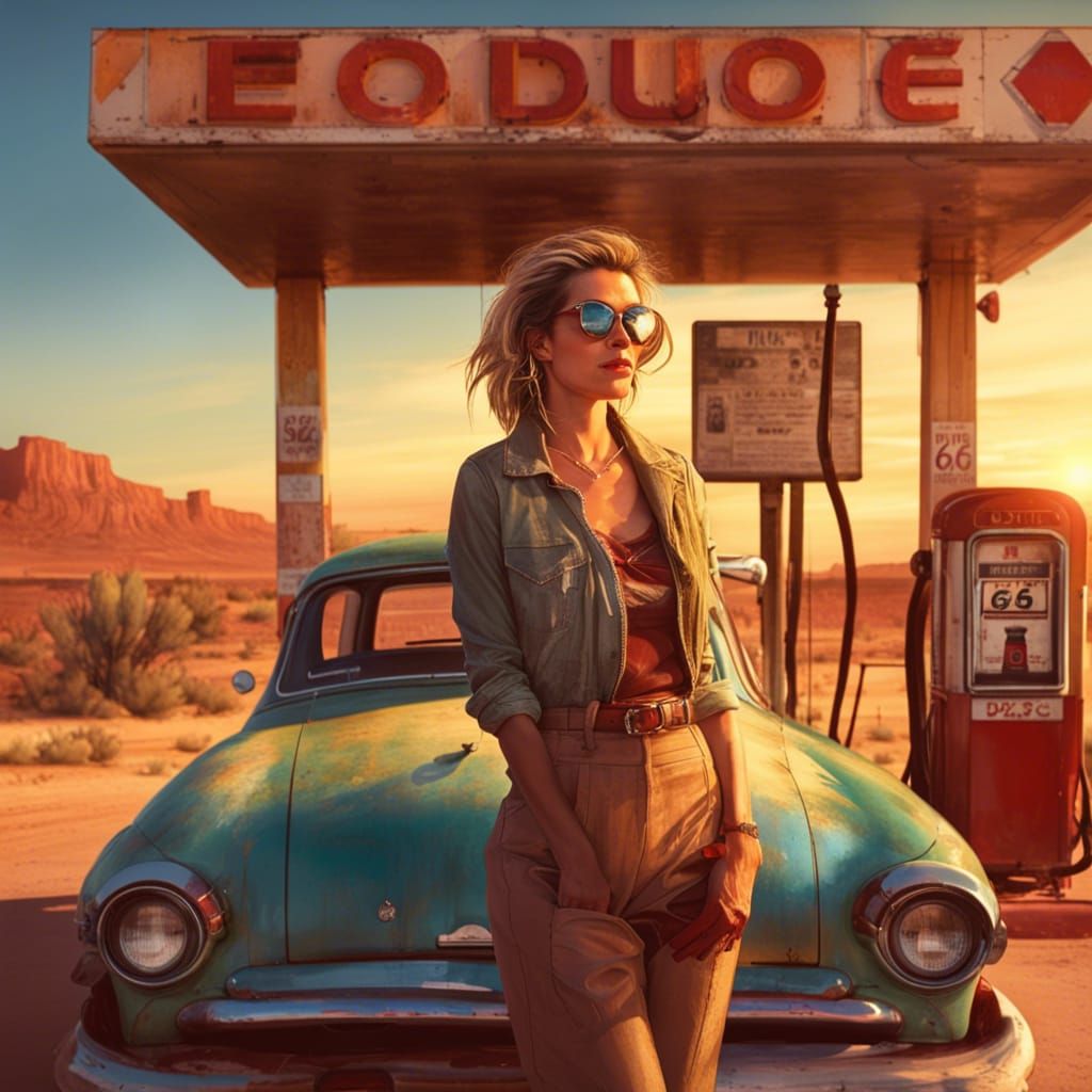 Route 66 Gas Station Sunset, Digital Art