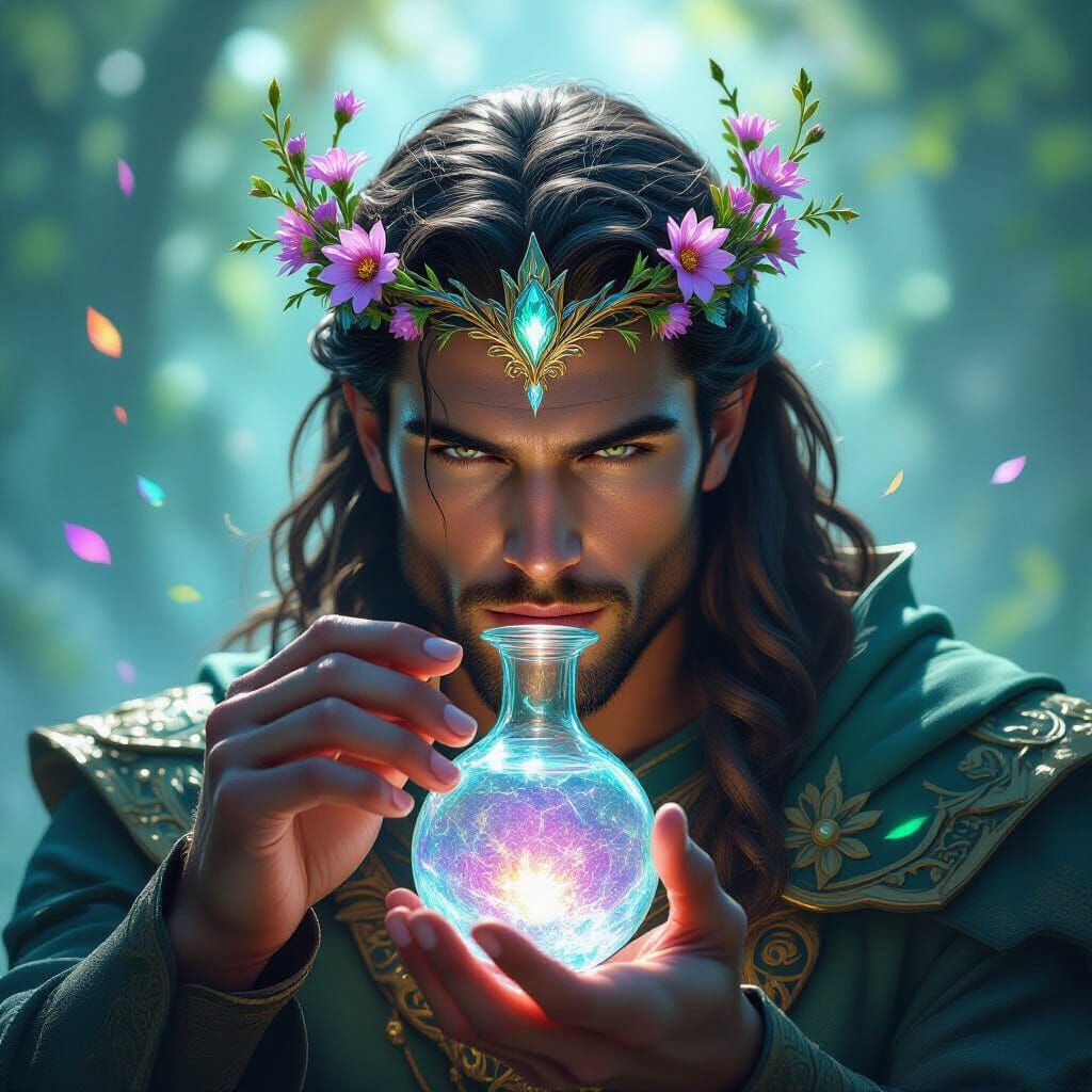 Warrior with Flower Crown Drinks Magical Potion