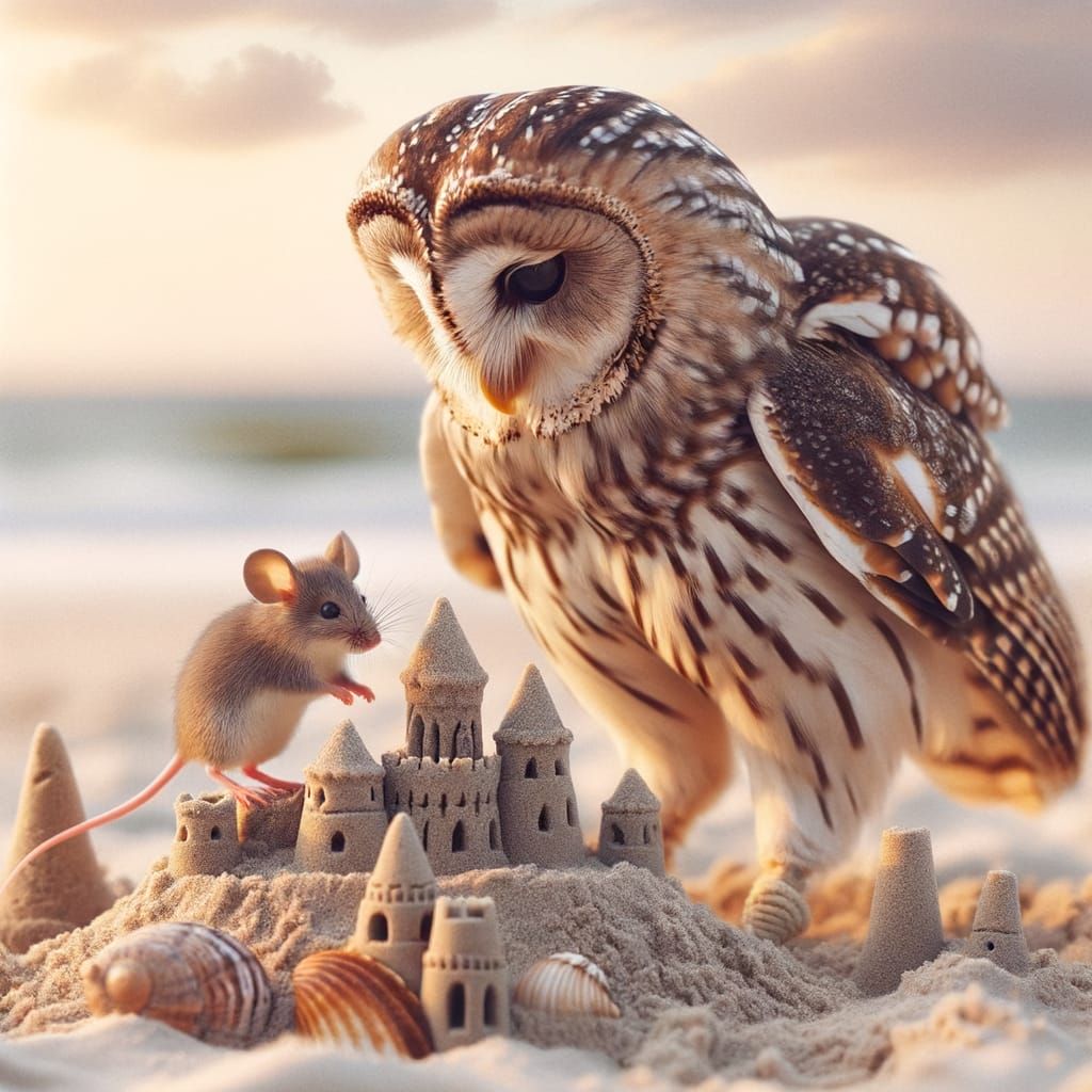 Owl and Mouse Build Sand Castle at Sunset