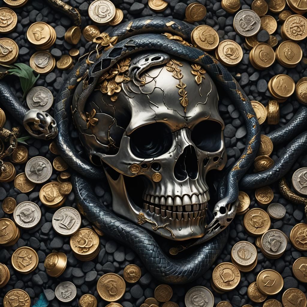 Snake Coiled Around Skull Amidst Coins