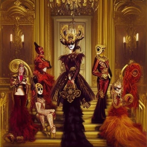 Opulent Masquerade Ball: Royal Elites in Crimson and Gold