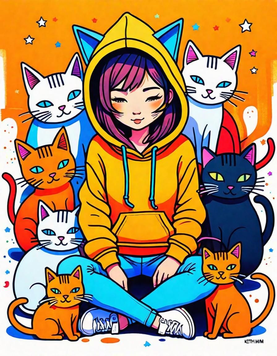 Anime Girl Surrounded by Cats in Haring Style
