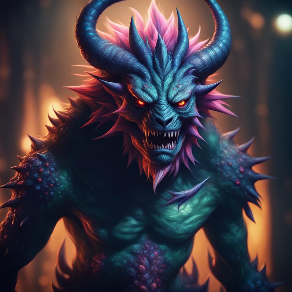 Fantasy monster character half human half animal digital art depth of field sharp focus motion blur shadow depth beauti...