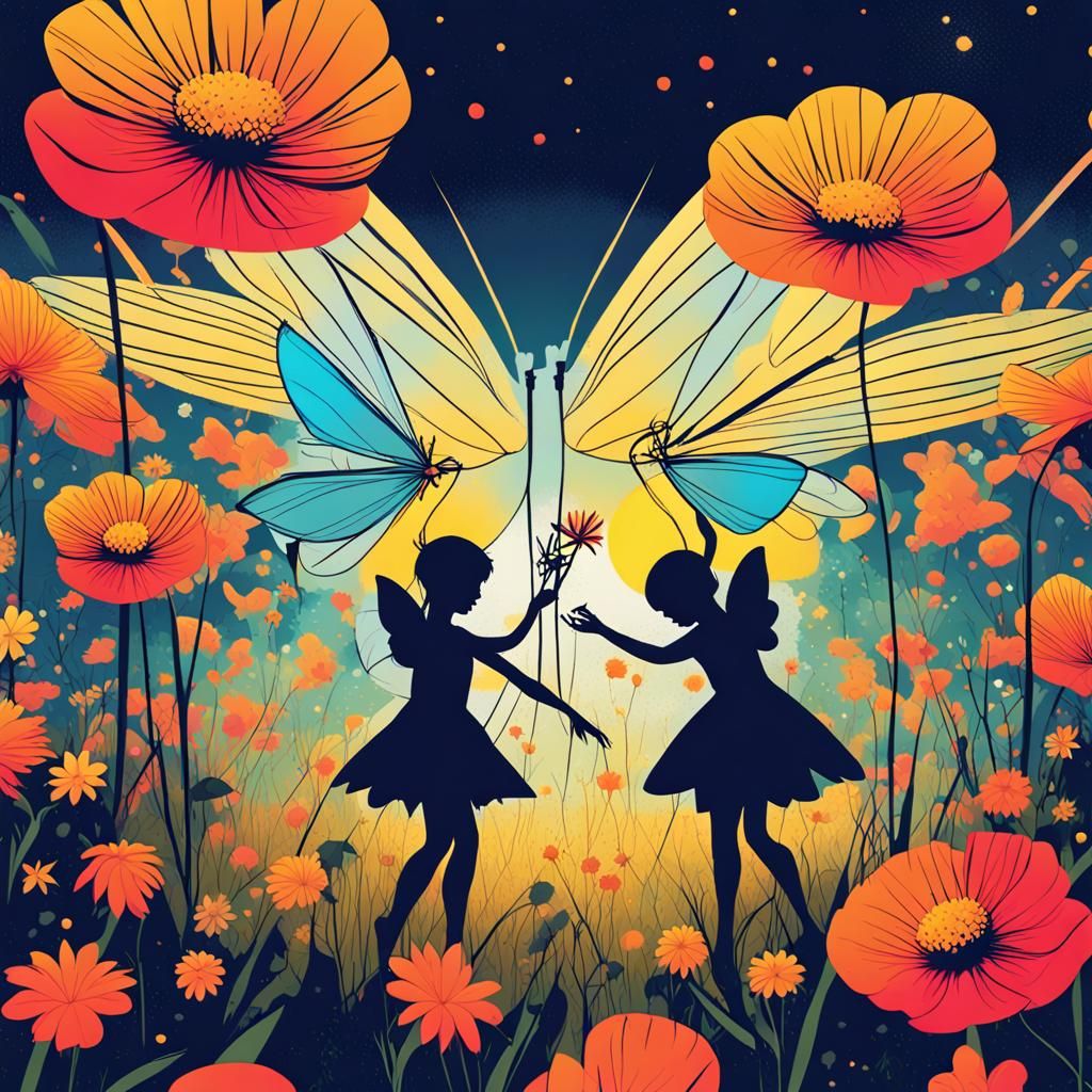 Fairies Play in Flower Field: Pop Art Screen Print