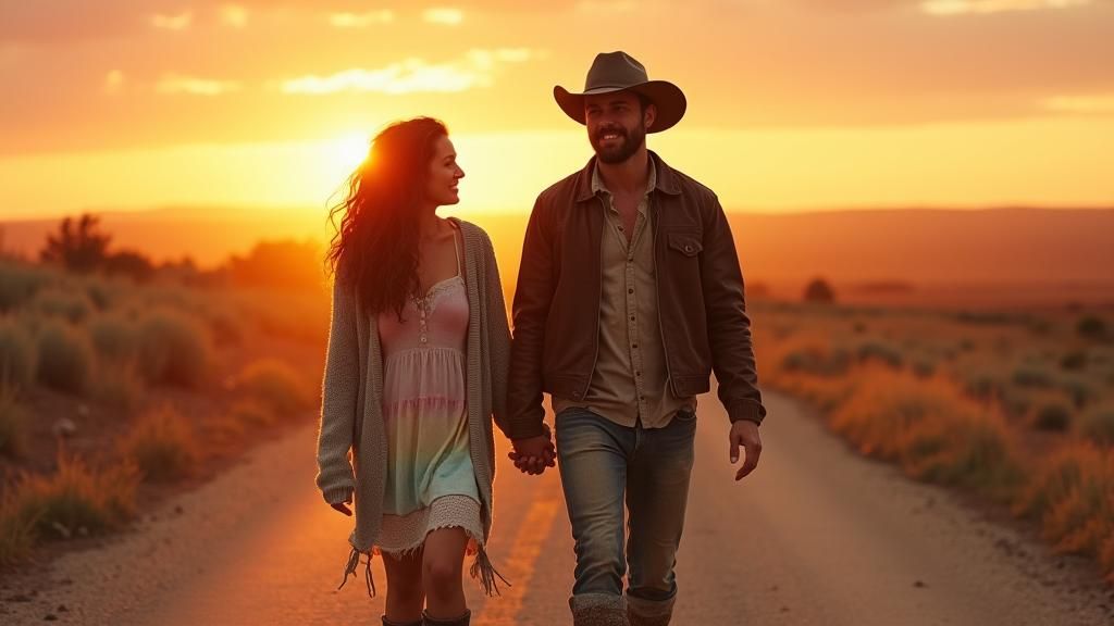 Couple Walks into Sunset with Dusty Boots