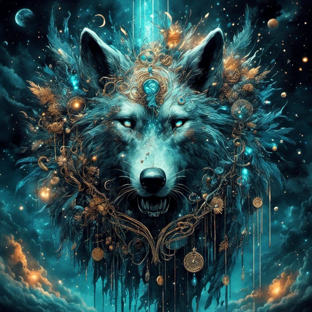 Luminous Ethereal Wolf with Jewelry: Digital Fantasy Art