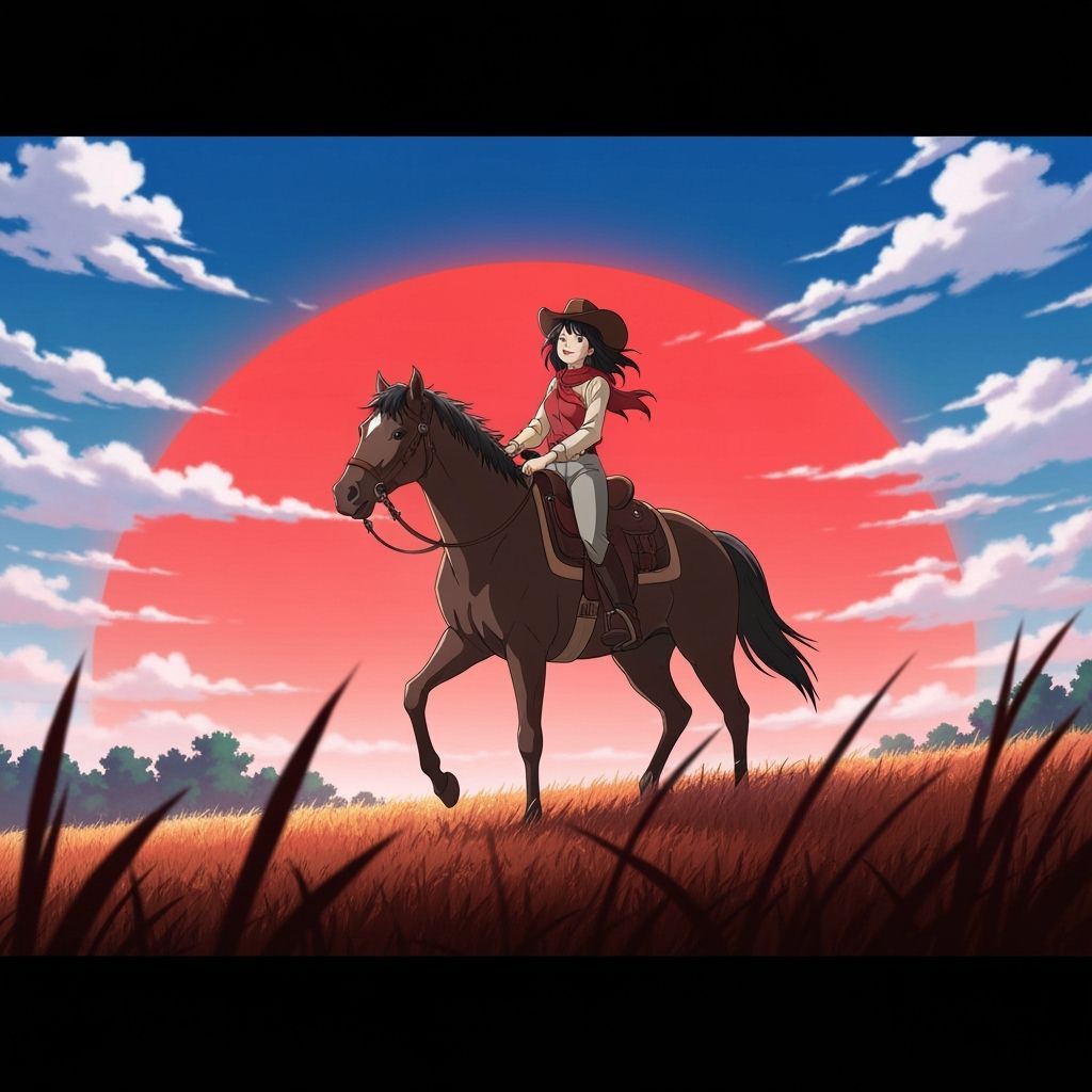 Wild Cowgirl Rides Through Sunset Prairie