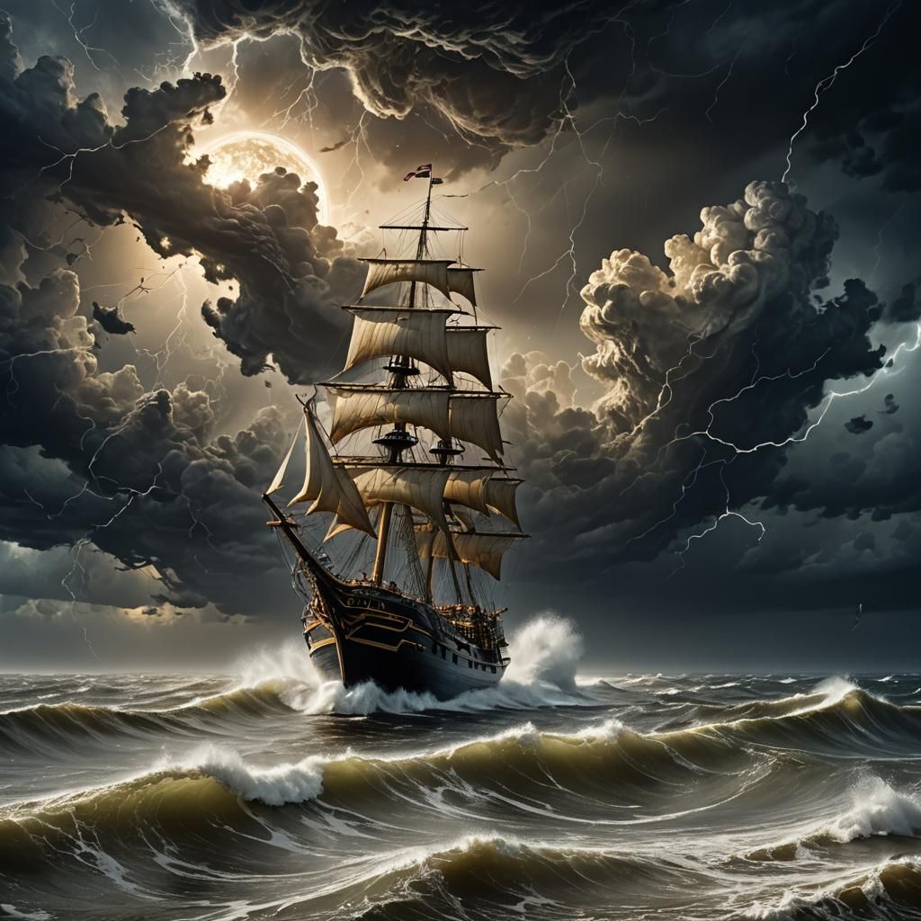 Surreal Hyperrealistic Ocean Ship Amidst Approaching Storm