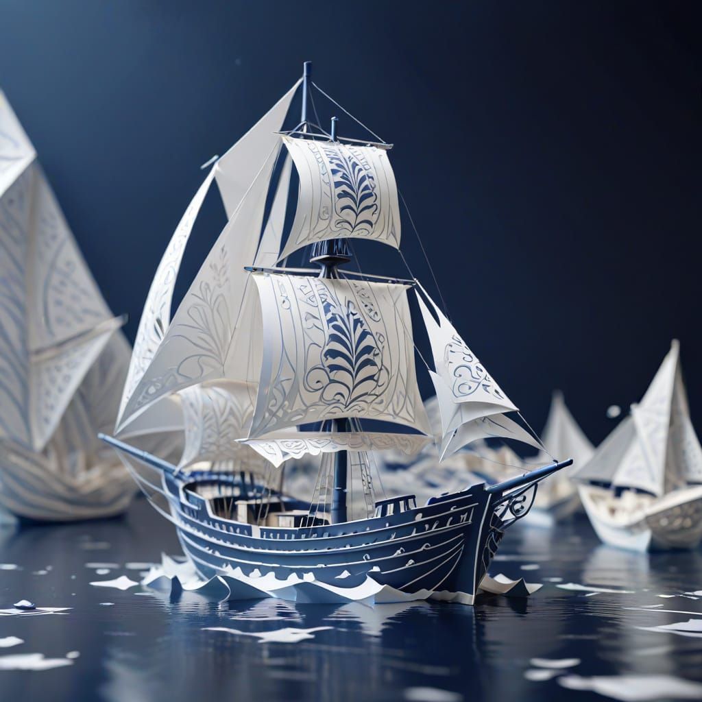 Intricate Kirigami Sailing Boat in Deep Blue and White