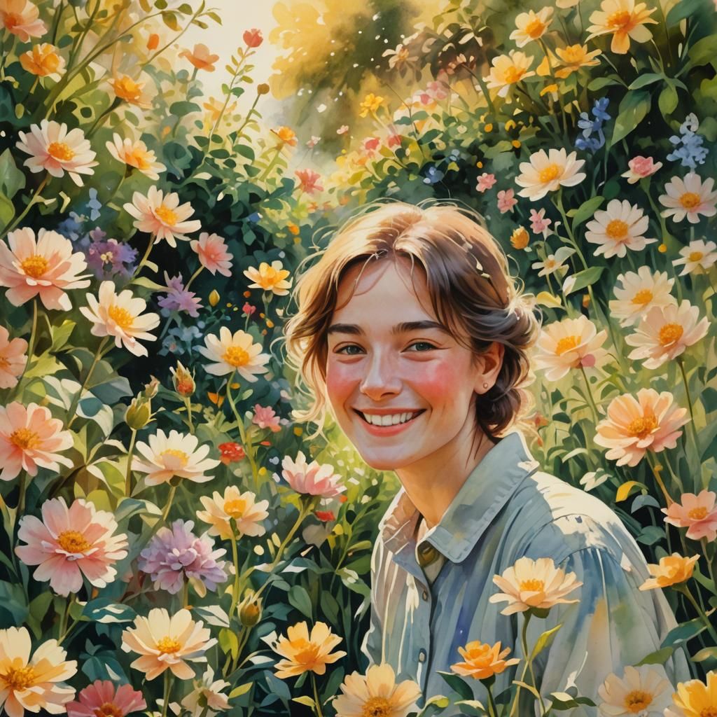 Smiling Person in Lush Floral Garden, Impressionist Style
