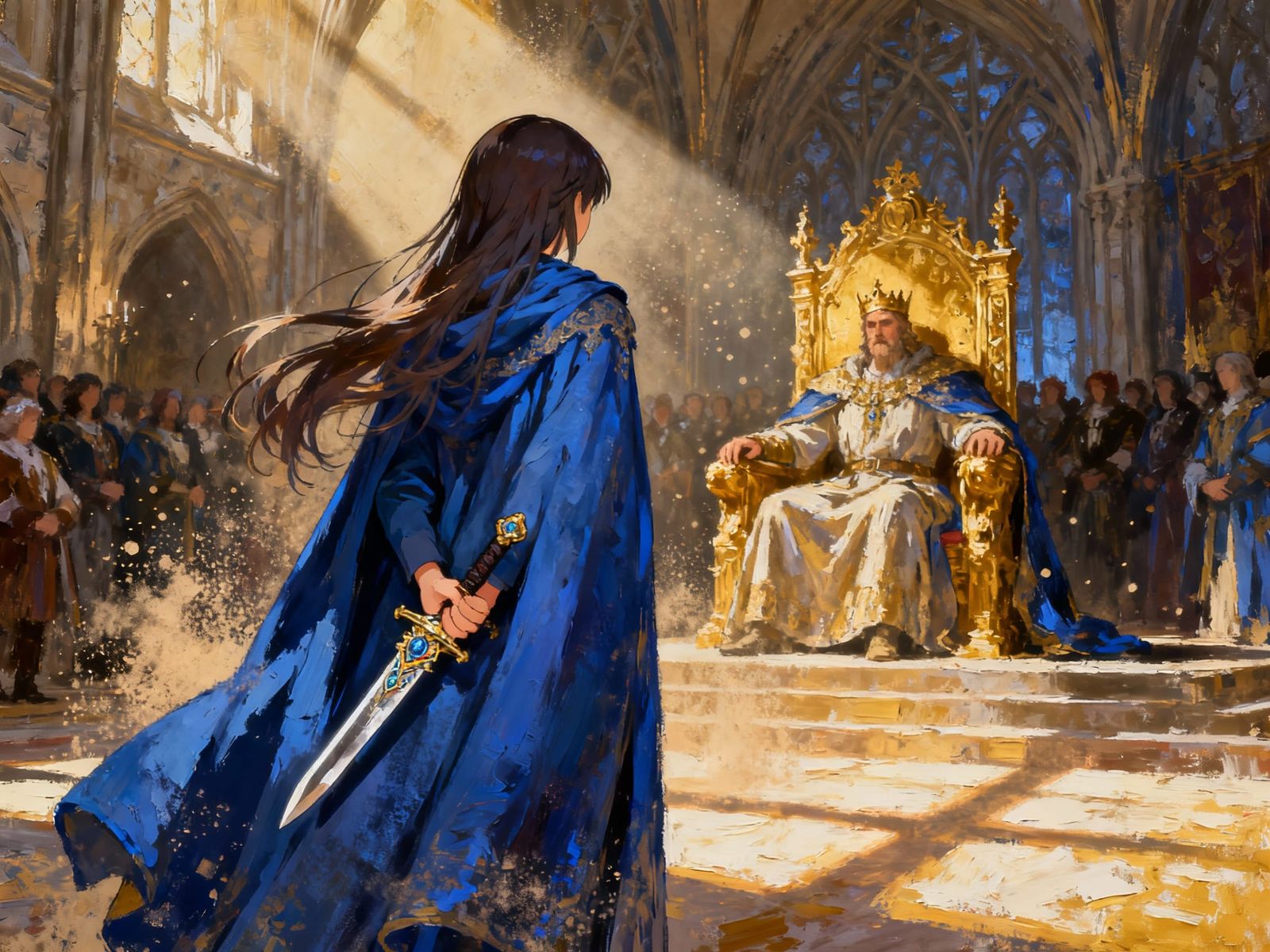 Anime Assassin Approaches King in Gothic Throne Room