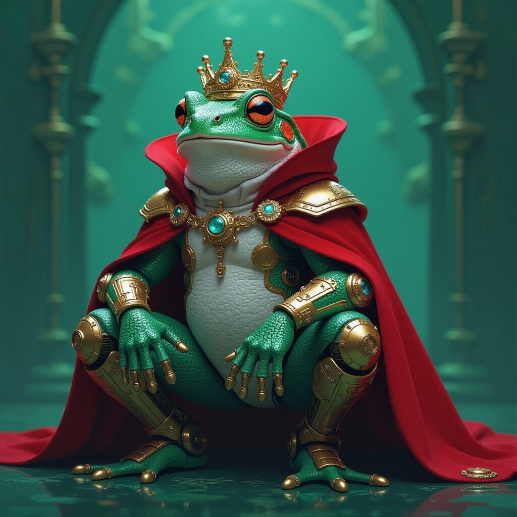 a steampunk cyborg artwork of a beautiful futuristic frog dressed as a prince, with biomorphic, fractal, nanotech, and o...
