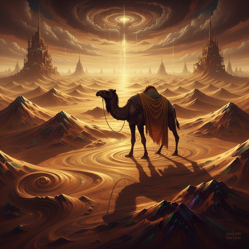 Camel's Dreamlike Journey Across Golden Sea