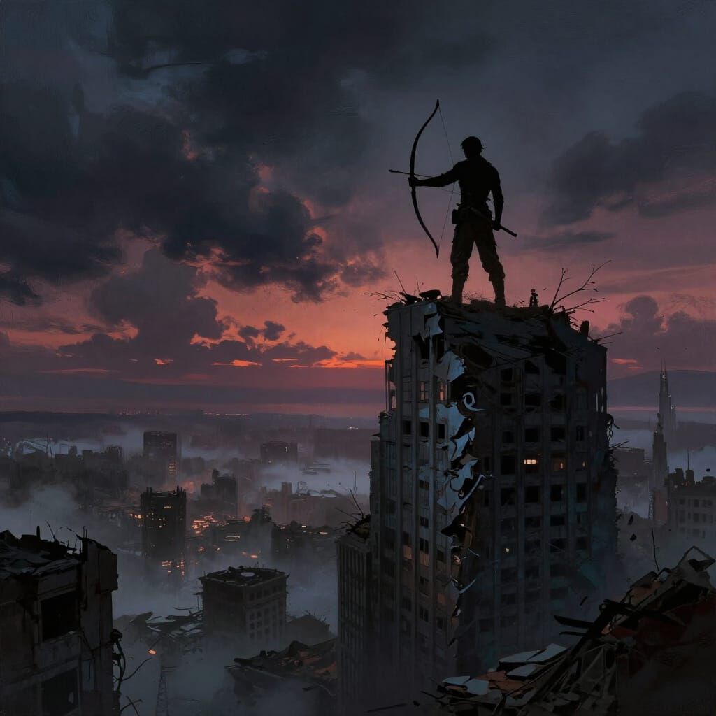 Archer on Skyscraper Overlooking Ruined City