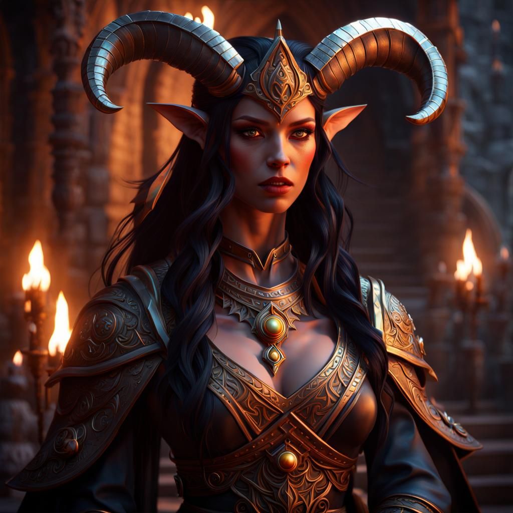 Tiefling Cleric in Candlelight Temple: Fantasy Concept Art