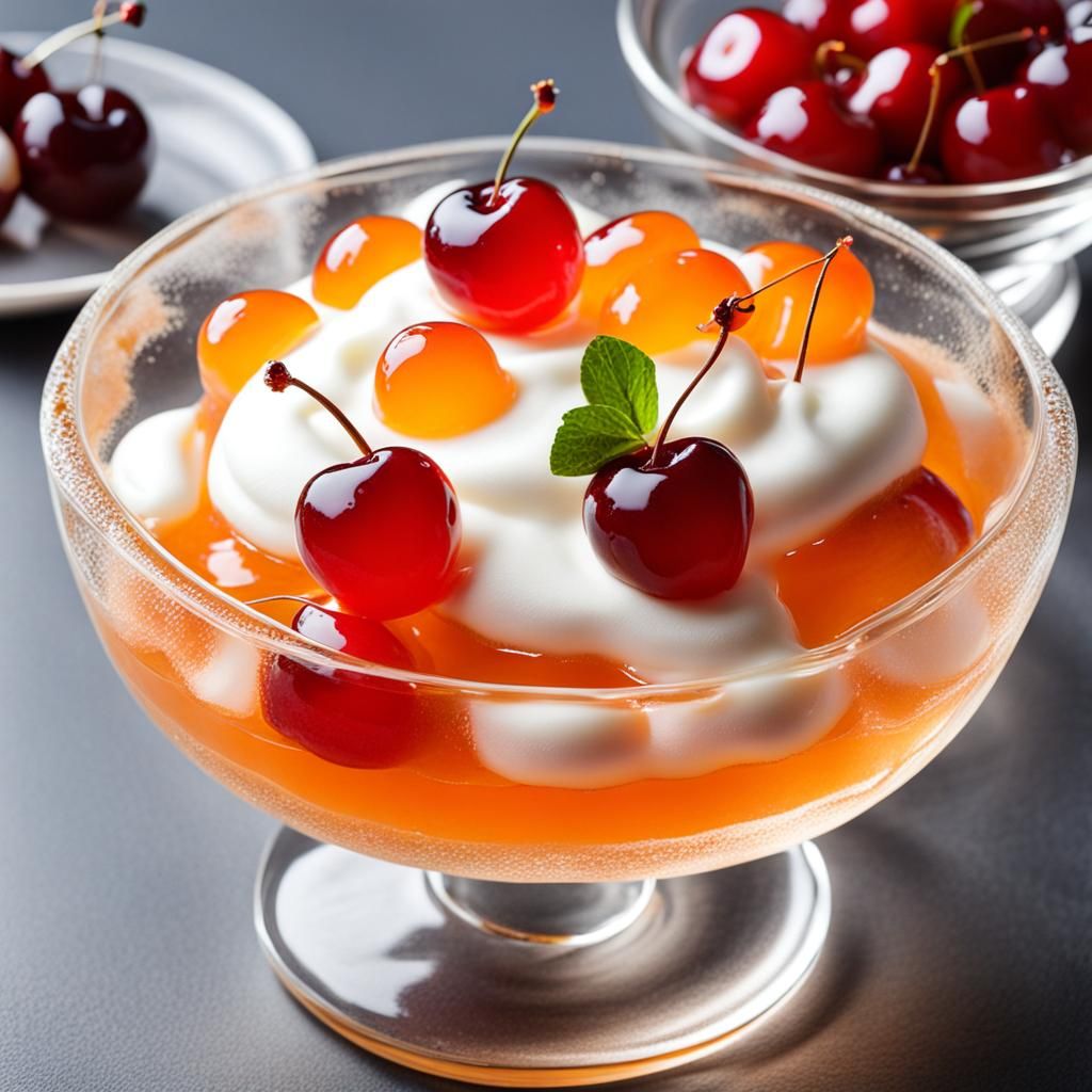 Orange Jelly Pudding with Cream and Cherries