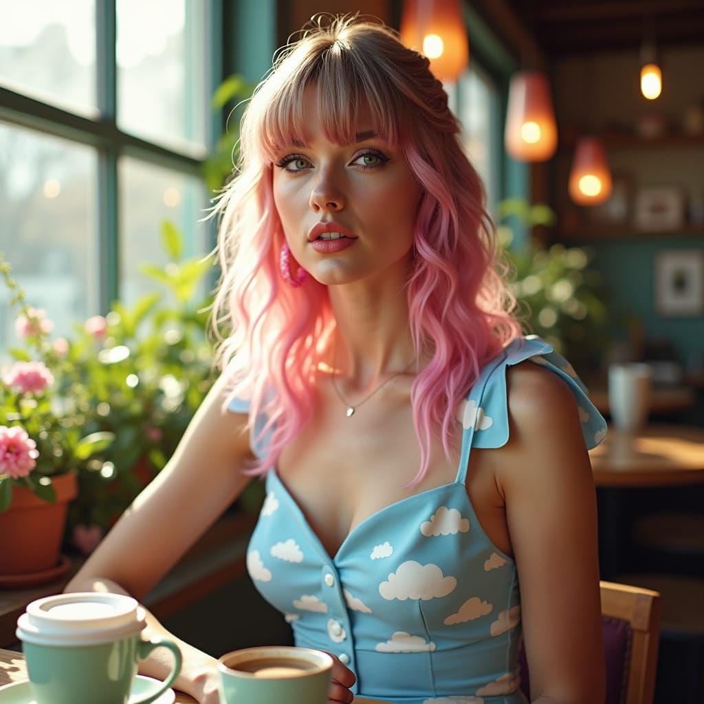 Taylor Swift in Dreamy Cafe, Cinematic Film Still